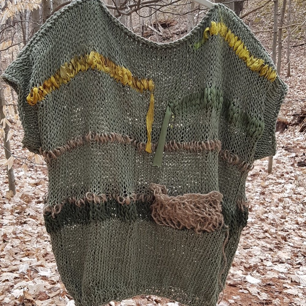 Summer/spring/fall cotton loose top, olive green, hand knitted
